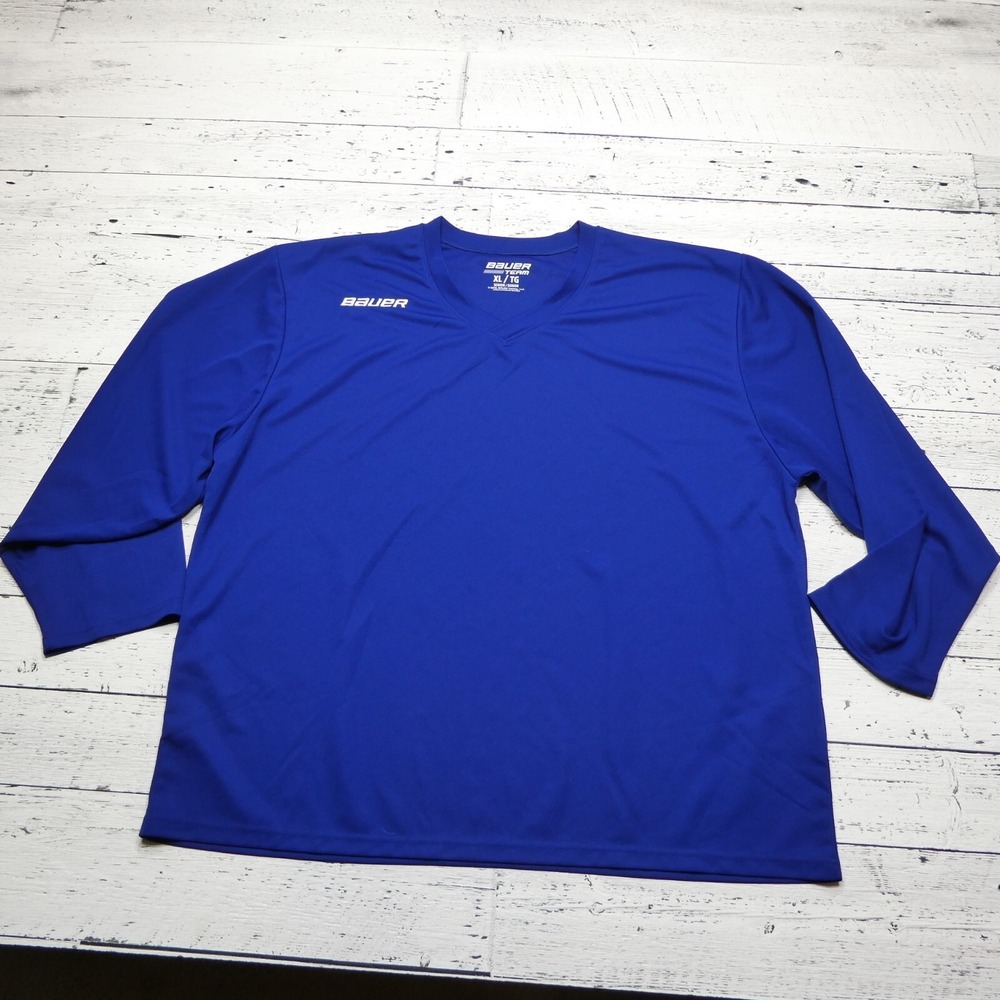 Bauer Hockey Shirt Mens XL Blue Polyester Long‎ Sleeve V Neck Embroidered Logo